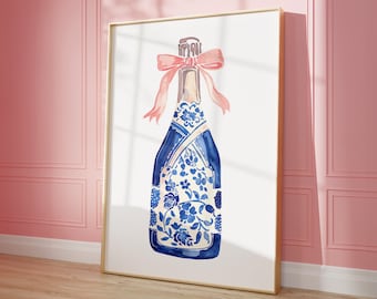 Pink Bow Coquette Art Print | Champagne Print | Blue Chinoiserie Art Print | Aesthetic Alcohol Poster | Trendy Floral Champagne Poster