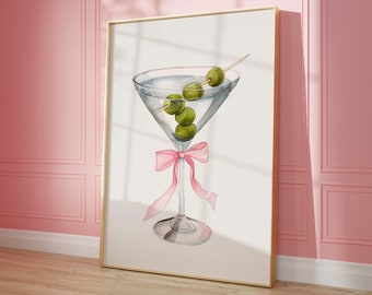 Coquette Wall Art | Dirty Martini Art Print | Girly Wall Art | Pink Coquette Room Decor | Drink Poster | Pink Bow Prints | Martini Wall Art