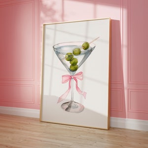 Sztuka ścienna Coquette | Brudny wydruk artystyczny Martini | Dziewczęca sztuka ścienna | Różowa dekoracja pokoju Coquette | Plakat z drinkiem | Różowe nadruki z kokardkami | Sztuka ścienna Martini