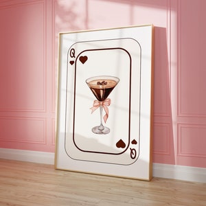 DIGITALE DOWNLOAD | Espresso-martini-afdruk | Roze strik coquette kamerdecoratie | Espresso Martini Art | Espresso martini kunst aan de muur | Barwagen afdrukken