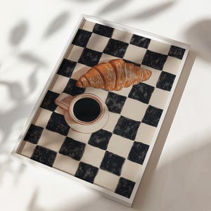 Black and White Checkered Coffee and Croissant Print for Retro Kitchen Wall Art