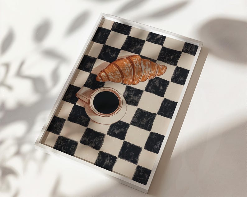 Black and White Checkered Coffee and Croissant Print for Retro Kitchen Wall Art