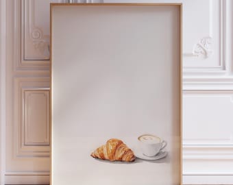 Poster | Minimalistischer Kaffee und Croissant Druck | Französische Küche Poster | Croissant und Kaffee Poster | Kaffeetasse Essen und Trinken Poster