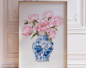 Arte mural de estilo chinoiserie / Lámina de estilo chinoiserie / Lámina artística Grandmillennial / Lámina de jarrón floral azul / Arte mural de peonía rosa / Lámina floral vintage
