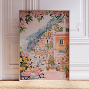 Rosa Amalfiküste Kunstdruck | Kunst Druck | Girly Amalfi Küste Poster Druck | Aquarell Positano Strand Italien Reiseplakat
