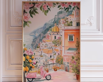 Pink Amalfi Coast Art Print | Pink Beach Wall Art Print | Girly Amalfi Coast Poster Print | Watercolor Positano Beach Italy Travel Poster