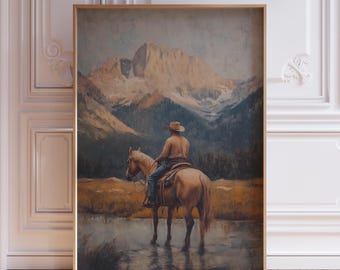 Vintage Cowboy Print | Southwestern Wall Art | Cowboy on Horse Southwestern Art Print | Antique Cowboy Painting | Western Horse Wall Art