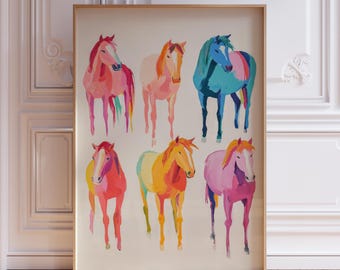 馬 水彩画風 ウォールアート パネルアート 馬3頭セット 水彩画 印刷可能なアート 馬のプリント 馬のポスター