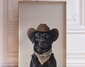 Imprimé cowboy Lab noir | Impression cow-girl labrador | Peinture de cow-boy chien noir | Art du chien cowboy pour chambre d'enfant | Chien portant un chapeau de cowboy Impression artistique