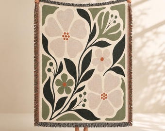 Sage Green Boho Botanical Cottagecore Woven Blanket