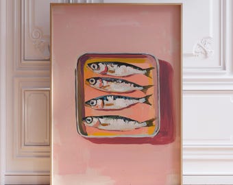 Pink Sardine Print | Retro Sardines Wall Art | Sardine Art Print | Girly Sardine Kitchen Print | Cute Fish Print | Coastal Kitchen Print
