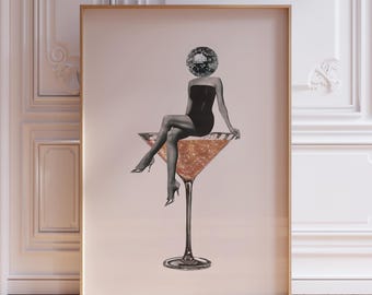 Martini Wandkunst | Martini-Druck | Cocktail Wandkunst | Disco Kugel Kopf Poster | Disco Ball Head Print | Mädchen im Martini Glas Kunstdruck