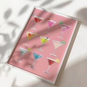Retro pink martini poster for bar cart decor