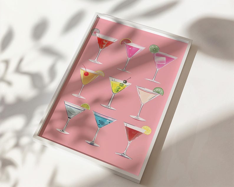 Retro pink martini poster for bar cart decor