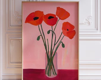 Watercolor Poppy Print | Red Flowers Print | August Birth Month Flower Print | Poppies in Vase Print | Pink Poppy Print | Red Floral Print