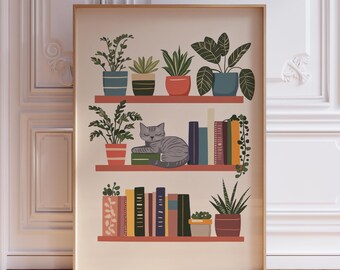 Cat and Plants Poster | Book Poster | Minimalist Plant Print | Book Wall Art | Books and Plants Print | Boho Cat Print | Botanical Print