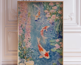 Lámina de peces koi para pared / Póster japonés de koi / Pintura colorida de peces koi / Arte mural japonés de koi para estanque / Regalo con lámina de koi / Lámina de arte de koi