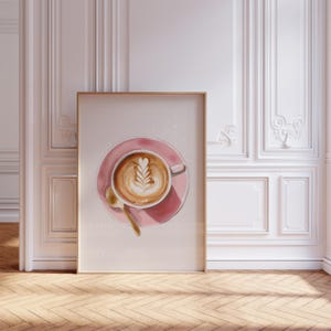 Watercolor pink latte coffee poster for coffee shop wall art