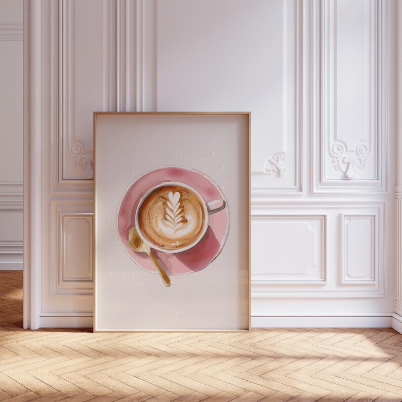 Watercolor pink latte coffee poster for coffee shop wall art
