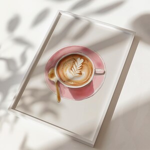 Watercolor pink latte coffee poster for coffee shop wall art