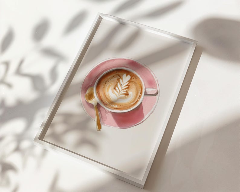 Watercolor pink latte coffee poster for coffee shop wall art