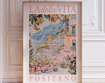 La Dolce Vita Print | Pink Amalfi Coast Travel Poster | Italian Landscape Print | Watercolor Amalfi Coast Wall Art | Italy Scenery Print