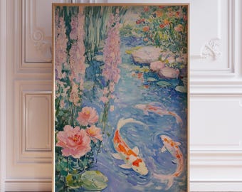 Lámina de peces koi para pared / Póster japonés de koi / Pintura colorida de peces koi / Arte mural japonés de koi para estanque / Regalo con lámina de koi / Lámina de arte de koi