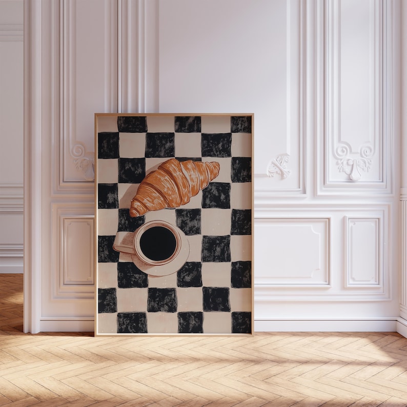 Black and White Checkered Coffee and Croissant Print for Retro Kitchen Wall Art