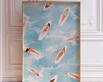 Grafika ścienna z deską surfingową | Hawajska, plażowa grafika ścienna | Vintage kalifornijski nadruk | Druk z nadmorskimi dziewczynami na deskach surfingowych | Vintage surfingowy nadruk Arial Surfer