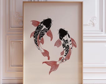 Black Koi Fish Wall Print | Japanese Koi Poster | Red Koi Print Gift | Japanese Fish Art | Koi Art Print | Minimalist Japanese Koi Wall Art