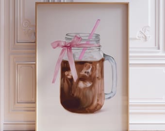Eiskaffee Poster | Poster | Rosa Kaffee Poster | Aquarell Druck | Girly Kaffee-Bar Druck | Preppy Kitchen Coquette Poster