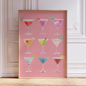 Retro Pink Martini Print for Bar Cart Art