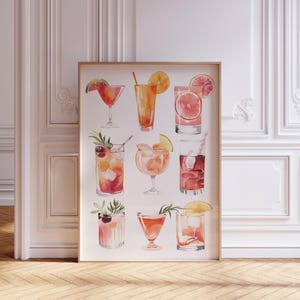 Stampa carrello bar / Poster cocktail / Arte carrello bar / Poster Martini / Decorazione carrello bar rosa / Stampa divertente happy hour / Arte murale cocktail acquerello