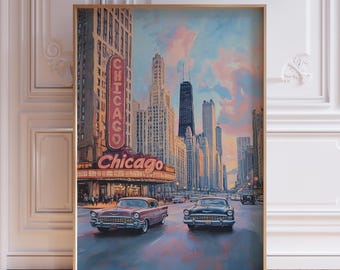Vintage Chicago-poster | Chicago landschapsprint | Reisposter Chicago | Zonsondergang Chicago Skyline muurkunst | Retro aquarel poster Chicago
