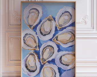 牡蠣の絵、牡蠣殻の水彩画、アートプリント、海岸風装飾、アースカラー