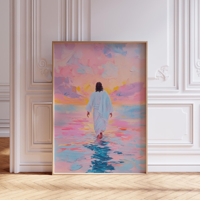 Jesus Walking on Water Wall Art | Pink Jesus Wall Art for Girls | Jesus Art for Little Girl Nursery | Jesus Walking on Water Print Painting