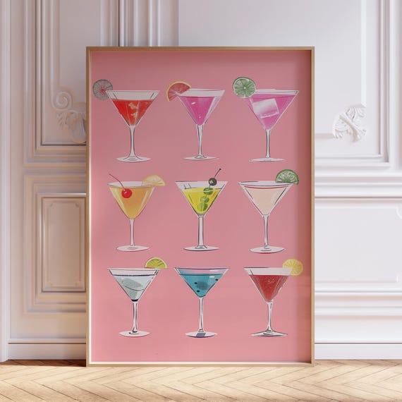 Retro Pink Martini Print for Bar Cart Art