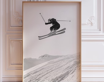 Zwart-wit skiposter | Wintersportposter | Retro skiposter | Vintage ski-print | Muurkunst skiberg | Print op skipiste cabine