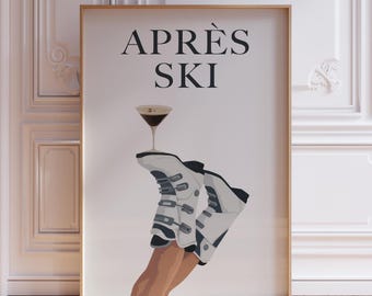 Plakat Apres Ski | Wydruk Apres Ski | Wydruk artystyczny narciarski | Fotografia Apres Ski | Plakat z dziewczyną na nartach do wózka barowego | Plakat z dziewczyną na nartach