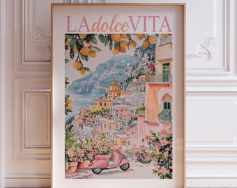 Pink La Dolce Vita Print | Pink Amalfi Coast Wall Print | Italian Landscape Print | Watercolor Amalfi Coast Wall Art | Italy Scenery Print