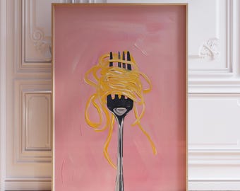 Pink Spaghetti on Fork Pasta Wall Art Print