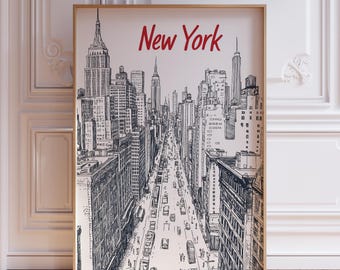 NYC Print | Retro New York Skyline Print | Black and White New York City Poster | New York City Travel Print | New York Line Drawing Print