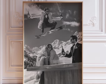 Czarno-biały plakat Apres Ski | Retro wydruk Apres Ski | Plakat retro z narciarstwem | Grafika ścienna na narty | Grafika Apres Ski | Plakat vintage z narciarstwem