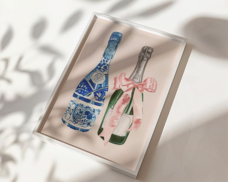 Pink ribbon bow coquette champagne poster for bar cart decor