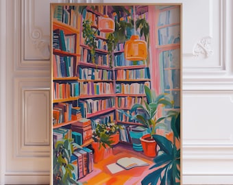 Buch Kunstdruck | Bunte Bibliothek Kunstdruck | Rosa Bücherwurm Print | Kunstdruck Kunstdruck | Bücherregal Kunstdruck | Helle Leseecke Kunstdruck