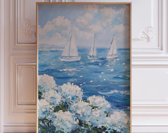 Coastal Granddaughter Print | Sailboat Print | Coastal Ocean print | Blue Floral Print | Blue Beachy Poster | Blue Coastal Grandma Print