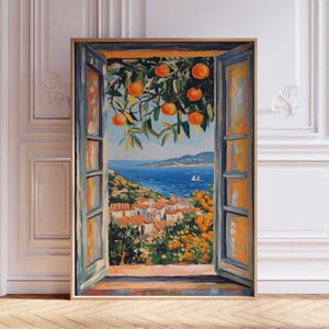 Lámina inspirada en Henri Matisse con la vista de una ventana abierta / Lámina con vista a la playa en la costa italiana / Pintura del mar Mediterráneo