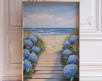 Beach Coastal Wall Art | Blue Hydrangea Painting | Coastal Granddaughter Print for Dorm | Blue Beachy Print Poster | Beach Flower Wall Art