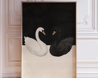 Black and White Swan Print | Dark Academia Swan Poster | Moody Bird Print | Black & White Vintage Print | Dark Cottagecore Black Swan Print