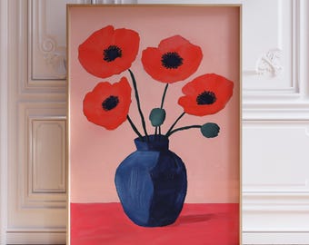 Watercolor Poppy Print | Red Flowers Print | August Birth Month Flower Print | Red Floral Poppy Print with Blue Vase | Pink Poppy Print